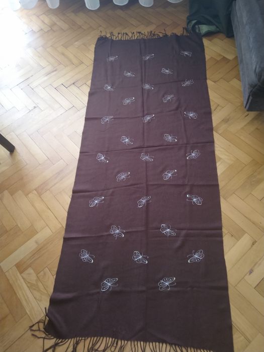 Apaszka chusta 190 cm x 70 cm brąz w motyle