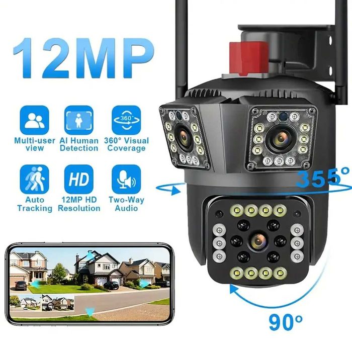 D65-Câmara de segurança IP triplo Câmara, 12MP HD, deteção movimento