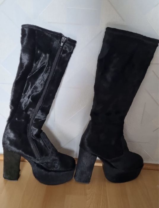 Kozaki futro design David Ackerman Paris 37 koturn platforma czarne