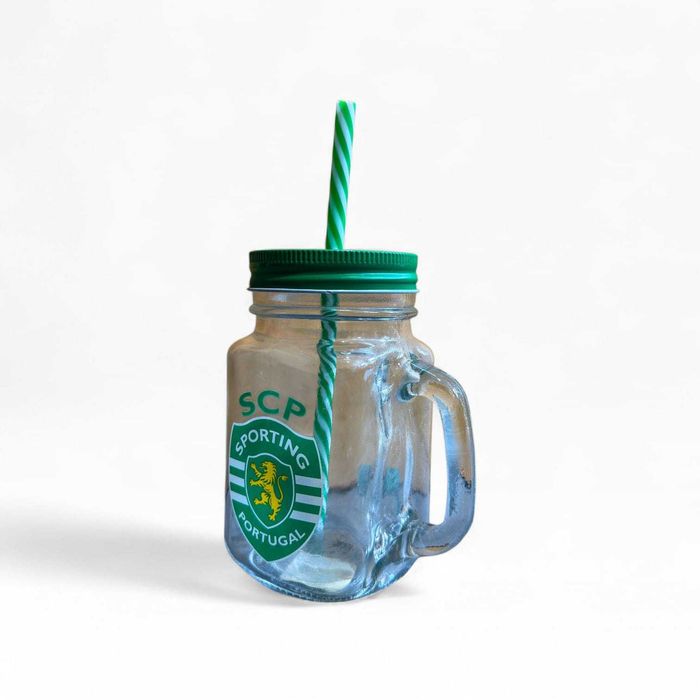 Caneca Vidro Sporting CP Oficial c/ Tampa e Palhinha – 14cm | Nova c/ Etiqueta