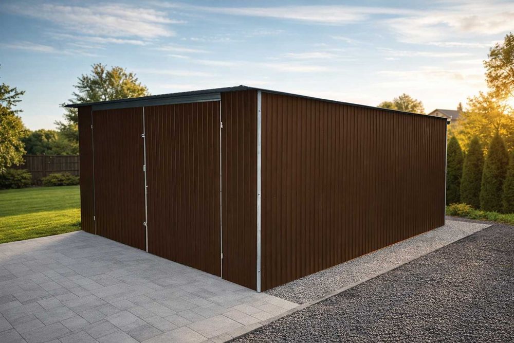 Garaż Blaszany 4x5 Brąz – Spad na tył, Brama dwuskrzydłowa, Producent