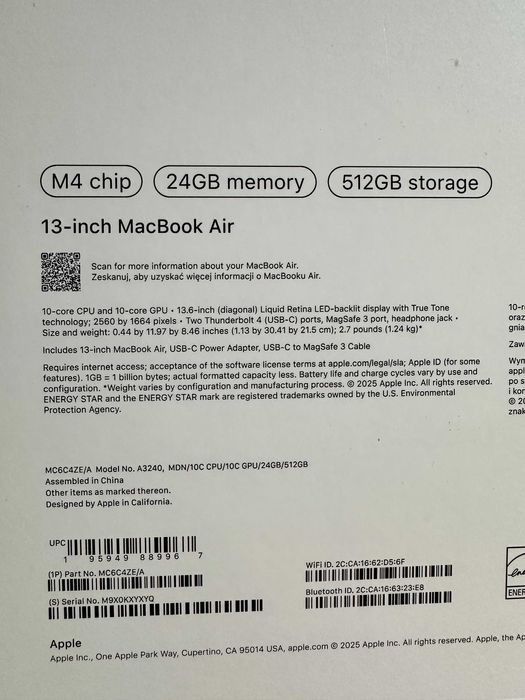 MacBook Air 13" M4 24GB/512GB czarny + etui + FV 23% - IDEALNY