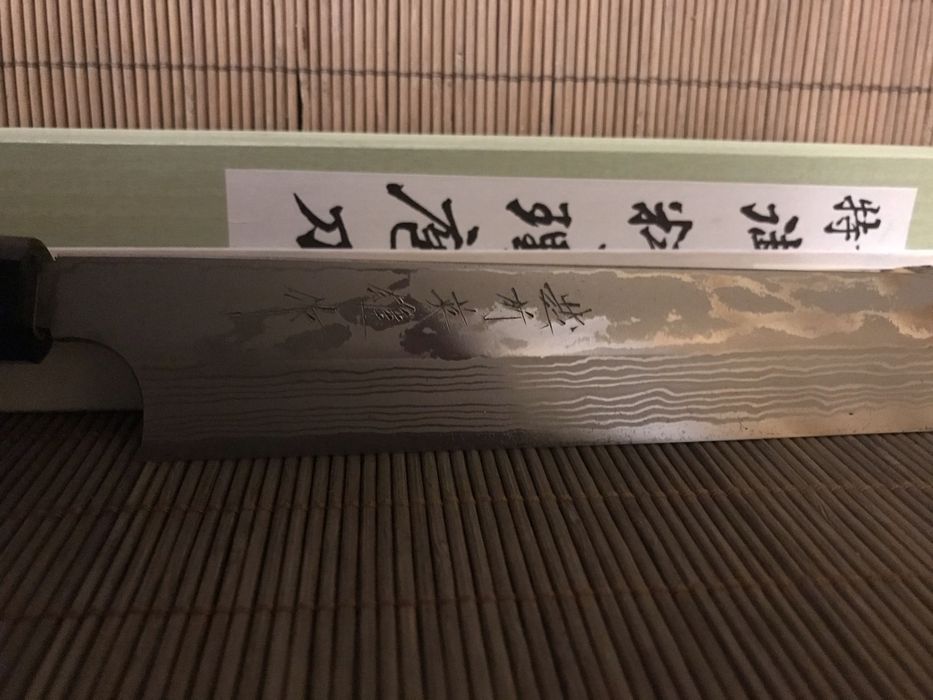 Японский кухоний ніж Кірітсуке Hideo (ручна ковка) дамаск shirogami 1