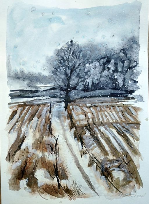 Akwarela " Zimowe pola" bardzo duża 29,5 x40.5 cm oryginał,nie wydruk