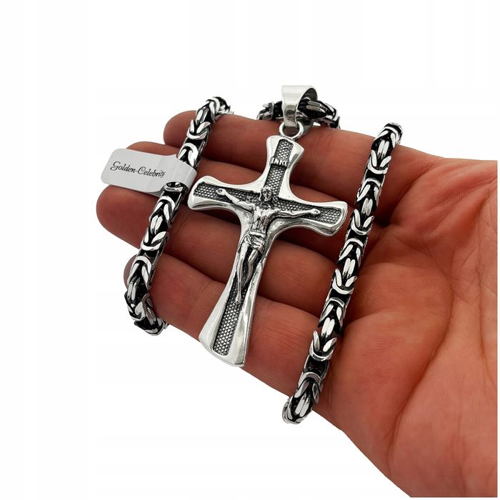 Srebrny Męski Łańcuszek Splot Królewski+duży Krzyż / Zestaw Oksydowany