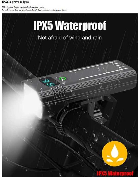 Farol bicicleta 12 LED | 4800 Lumens | Bateria 10.000mha |  5 modos