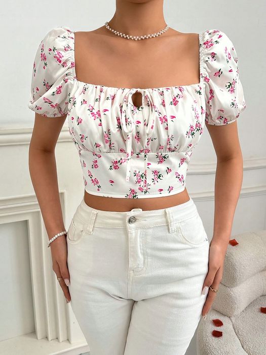 Top Letni Satynowy W Kwiaty Biały Casual Shein L 40