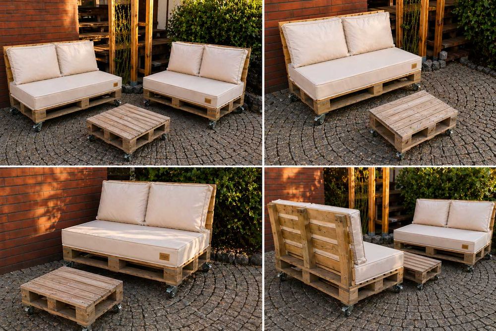 Zestaw mebli z palet – 2x sofa + stolik + komplet poduszek | solidne, gotowe do użytku
