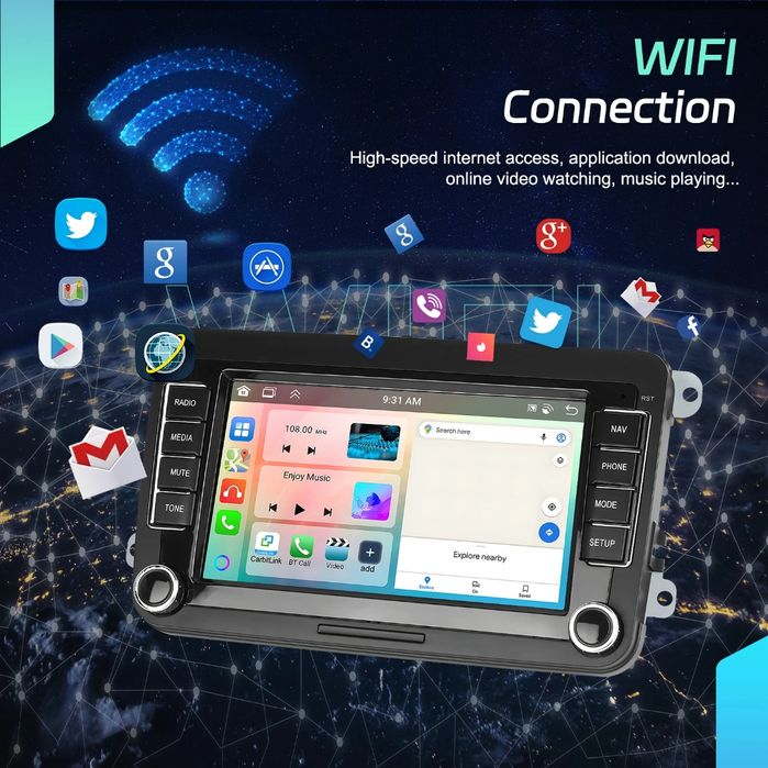 Rádio Android 15 7" VW/Seat/Skoda 6/128GB CarPlay/Auto S/Fios Wi-Fi BT