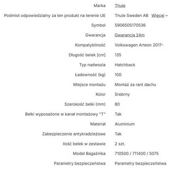 THULE - bagażnik dachowy Volkswagen Arteon Hatchback 17-, 1 komplet