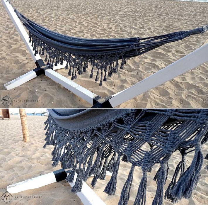 Hamak bawełniany Leżak brazylijski MAKRAMA Ecru / Grafit / Czarny XXL