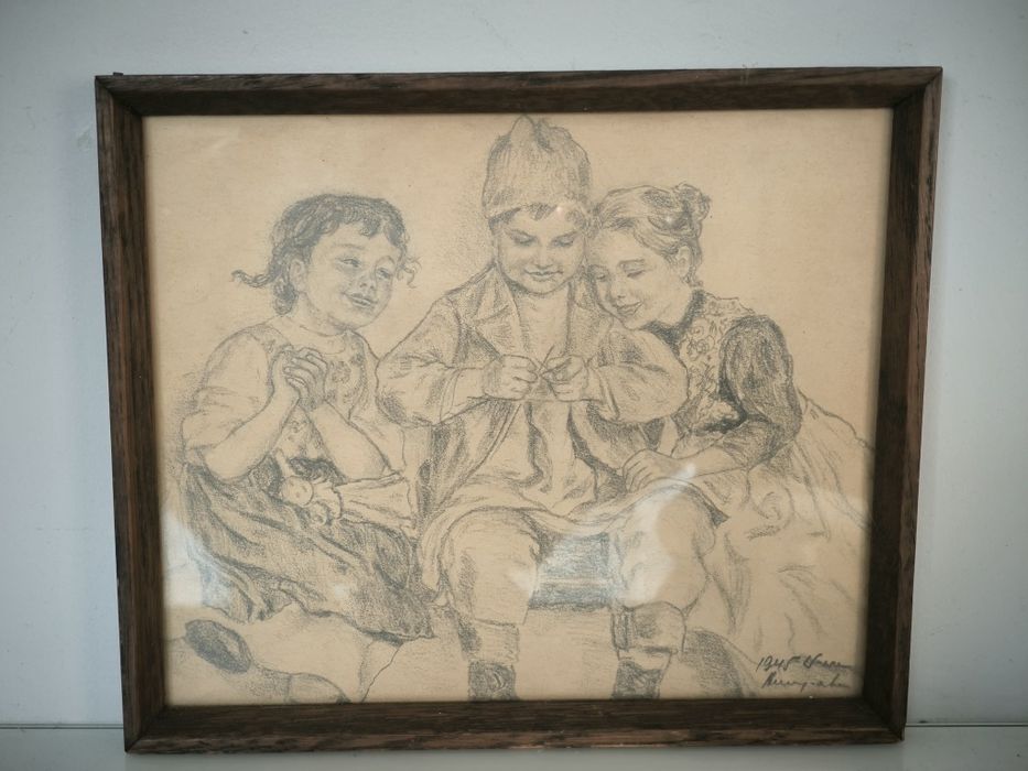 Rysunek dzieci 1945 rok Warszawa sygnowany szkic
