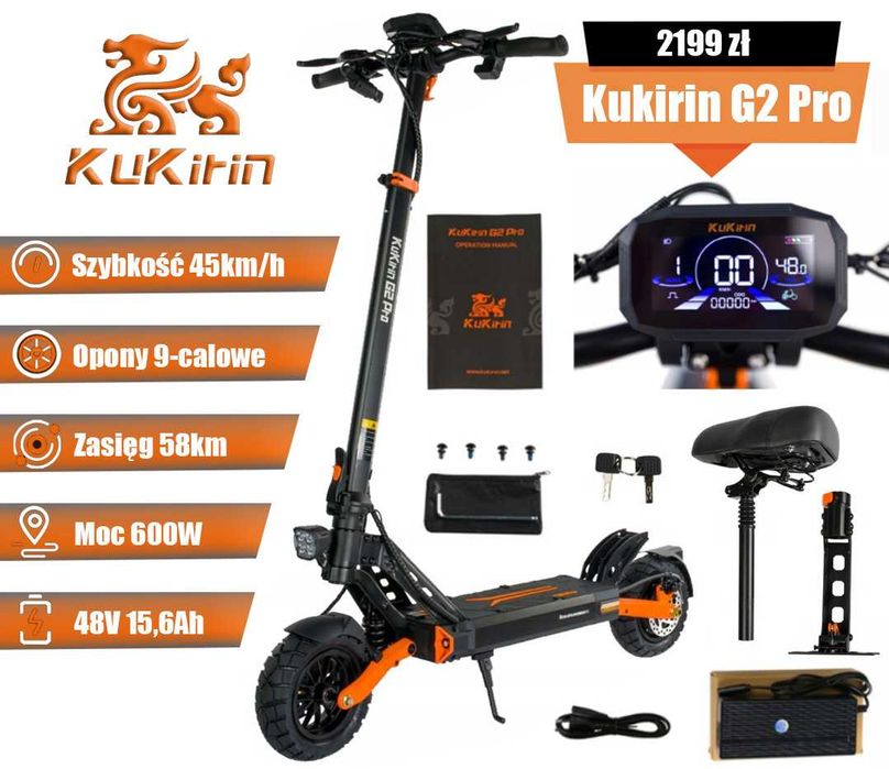 Hulajnoga elektryczna Kukirin G2 Pro 48V 15.6AH 58KM 9" 45km/h
