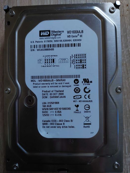 Жесткий диск HDD 160 Gb 3.5-inch bay WDC WD1600AAJB-56WRA0. Новый.