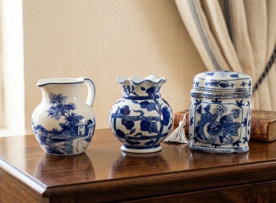 Conjunto 3 Peças Cerâmica Azul e Branca – Estilo Clássico / Chinoiseri