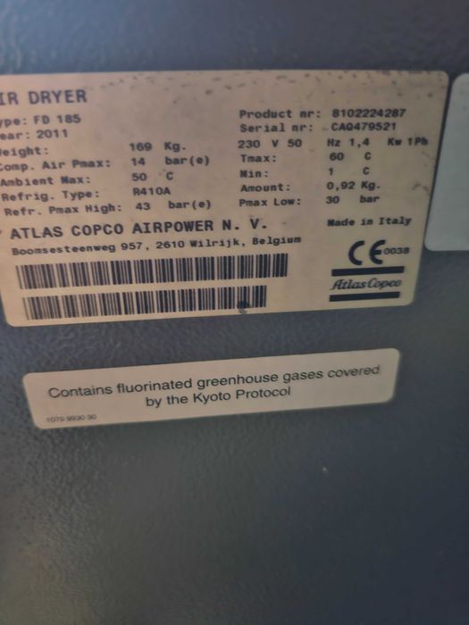 Osuszacz ziębniczy atlas copco FD 185, 2011r duża wydajność