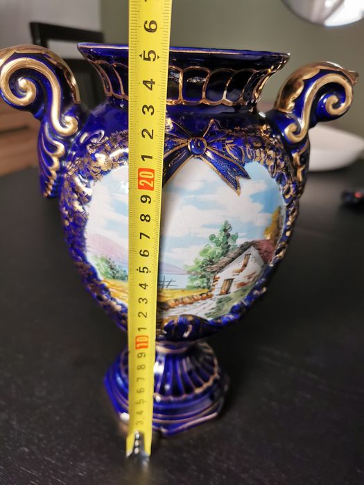Jarra antiga cerâmica Alcobaça Raul Bernarda-RB azul cobalto e dourado 26 cm