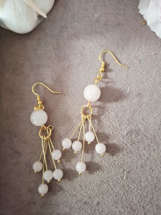 Kolczyki handmade srebro pozłacane z naturalnych kamieni kwarc różowy