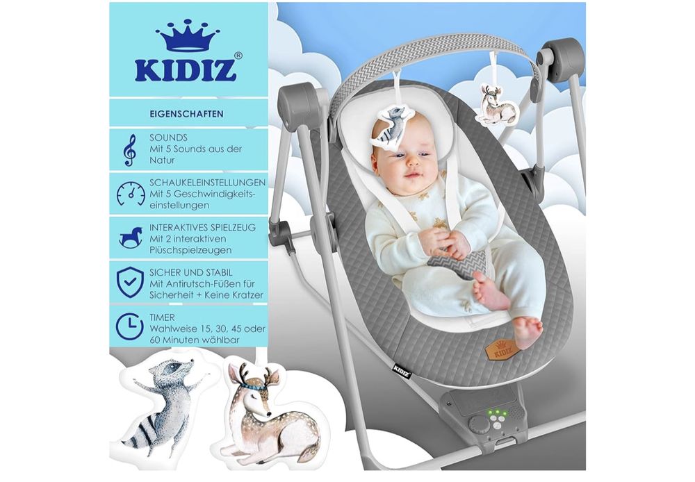 KIDIZ® Huśtawka dla niemowląt z 5 ustawieniami prędkości, składana