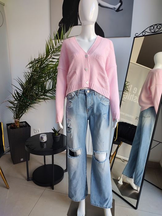 Jeansy Wide Leg z przetarciami - niebieski S