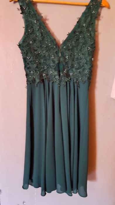 Vestido de Cerimónia/Festa Verde Esmeralda com Renda e Pérolas