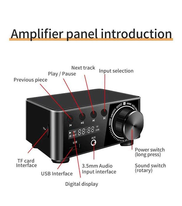 Amplificador digital bluetooth 5.0 de potência classe d 2.0 canais 50w