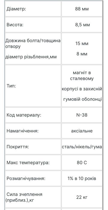 Магніт D88 для реб неодим в гумовій оболонці з болтом М8х15 < 22кг
