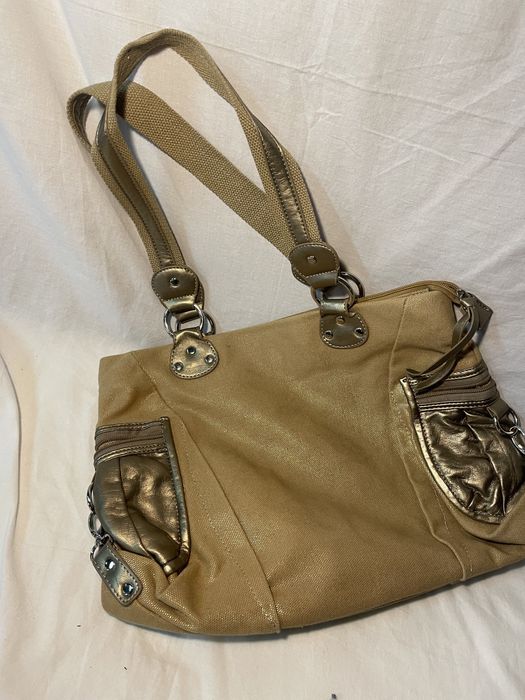 Mala “ GIADA” em tecido e pele com brilho dourado