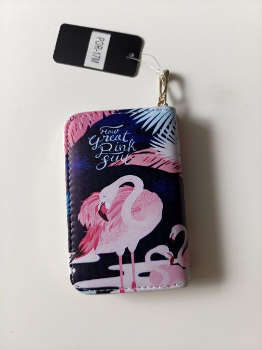 Mini portfelik czarno różowy z flamingiem