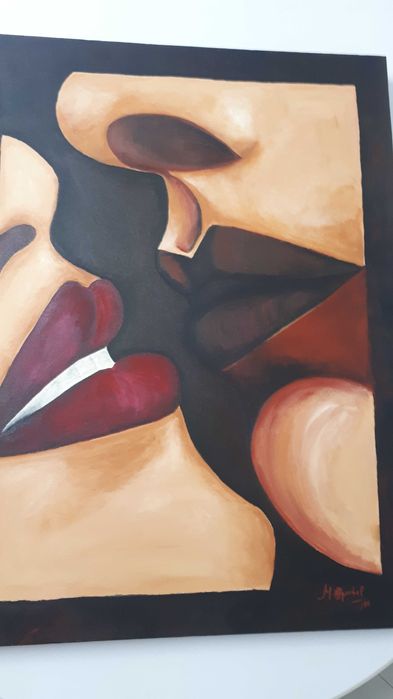Tela pintada à mão "O Beijo"