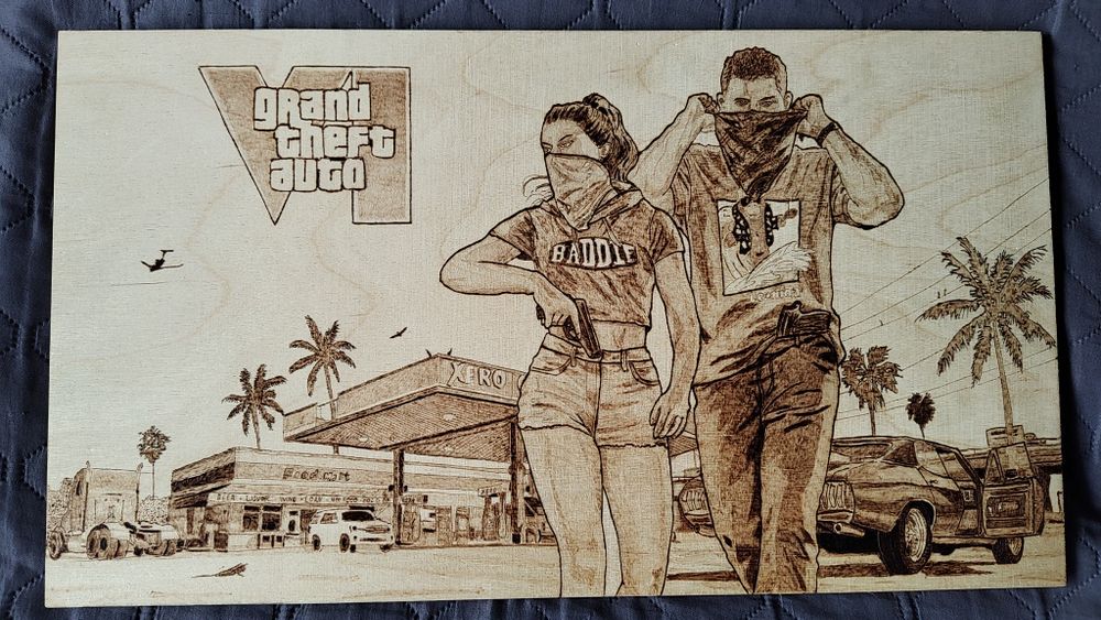 Ręcznie wypalony obraz w drewnie GTA VI
