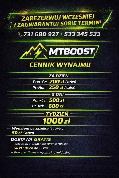 Wynajem rowerów elektrycznych Full MTB i Bagażnika na hak!!