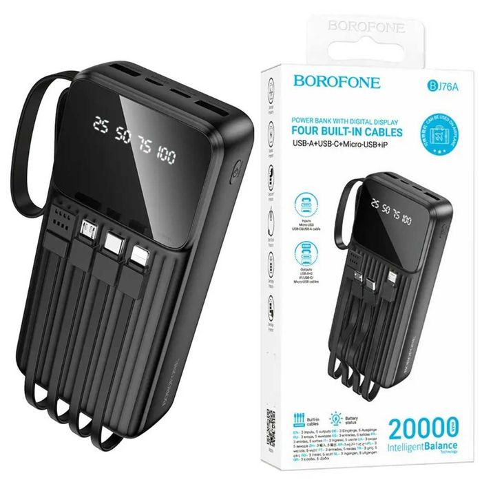 Павербанк 20000 mah повербанк 20000 з кабелями Lightning Type-C BOROFONE BJ76A павер банк 20000 повер банк купить повербанк ОПТ павербанки оптом
