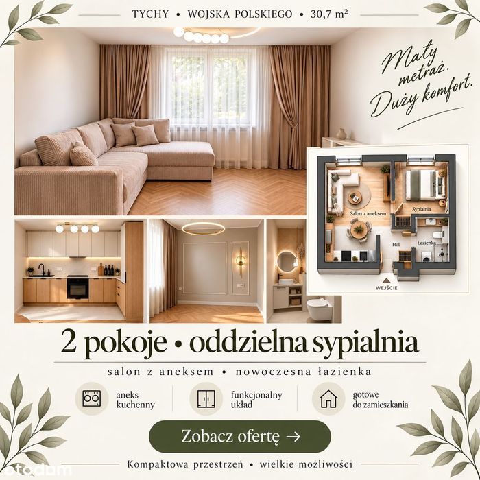 Gotowe | urządzone | bez remontu | 2 pokoje | 30,7 m² | parter | Tychy