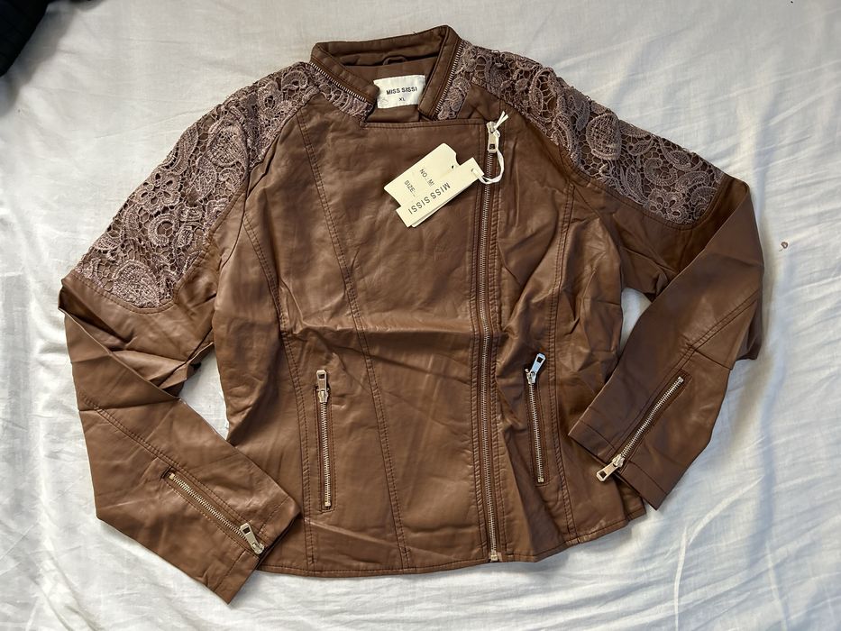 kurtka skórzana ramoneska brązowa z koronką