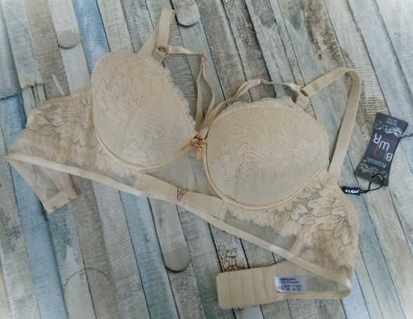 zmysłowy biustonosz z push-up 70/75C kremowy beż  ramiączka straps