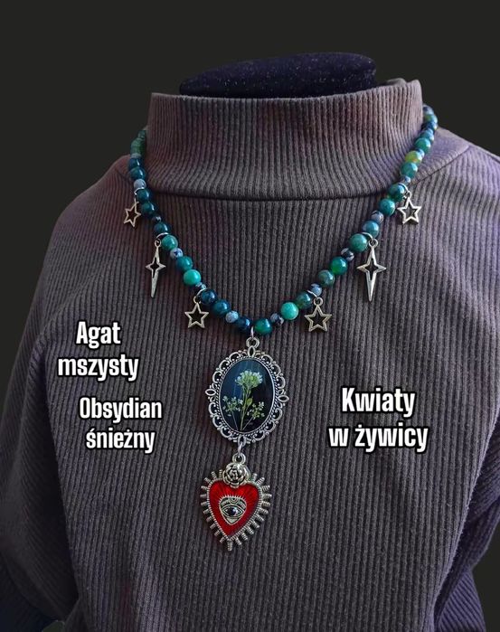 Gotycki naszyjnik, biżuteria handmade z kamieni i zawieszek