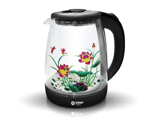 Чайник електричний склянный з квiтклю 1,8л  синє LED-підсвічування