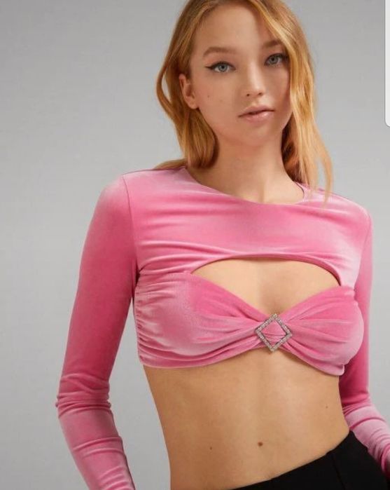 Nowy welurowy cukierkowy różowy crop top Bershka rozm. M
