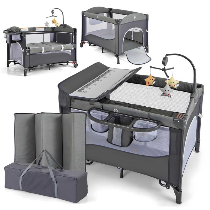 Łóżeczko turystyczne Costway Park z materacem – szary, 76x110 cm