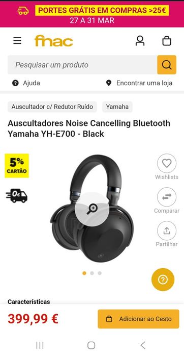 Auscultadores Yamaha YH-E700 Black – Como Novos | ANC + Bluetooth |