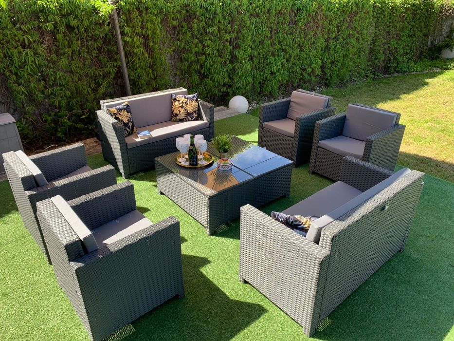 (W) Nicea XXL zestaw technorattan szary sofa 4xfotel ława