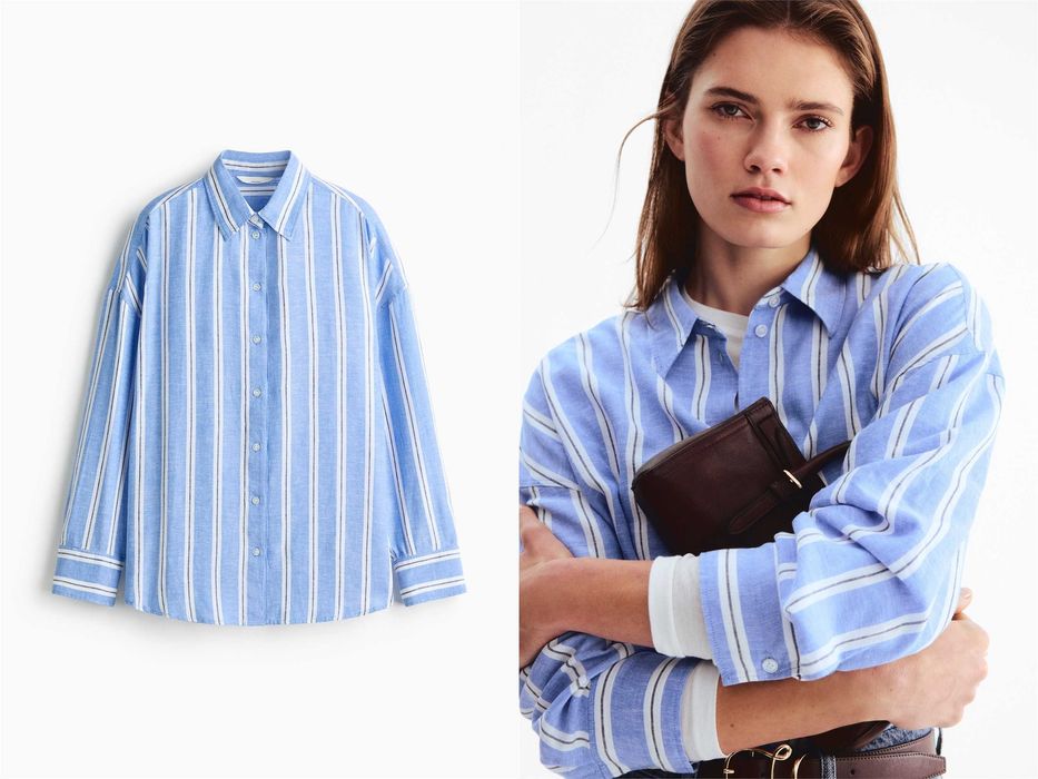 Bluzka Koszula Premium Lniana XS nowa kolekcja niebieska paski PROMOCJA oversize