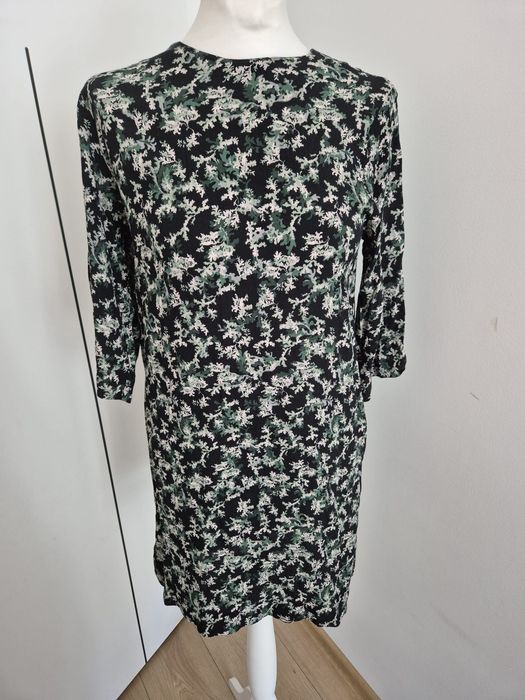 Sukienka czarna zielona w liście z wiskozy casual basic &other stories 34/XS