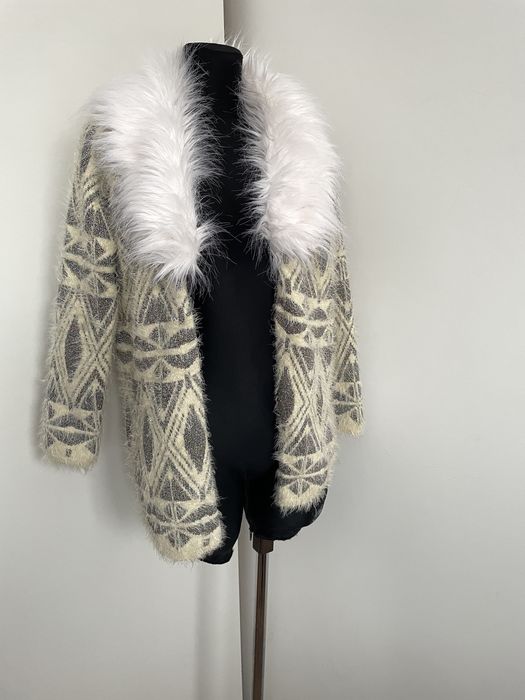 River island kardigan długi  sweter kanarkowy L 40 gruby z futrem