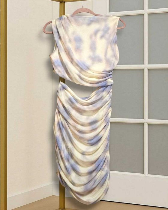 Платье летнее ZARA акварельный принт с драпировкой и вырезом на талии