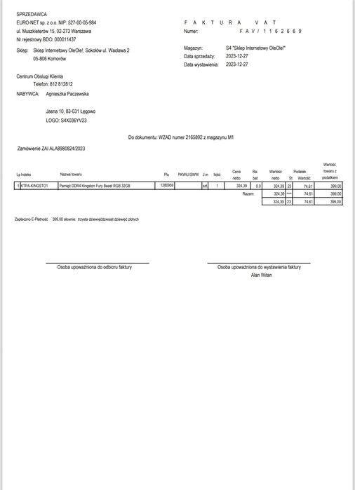 Pamięc ram DDR4 2x16GB 3200Mhz Kingston Fury Best RGB