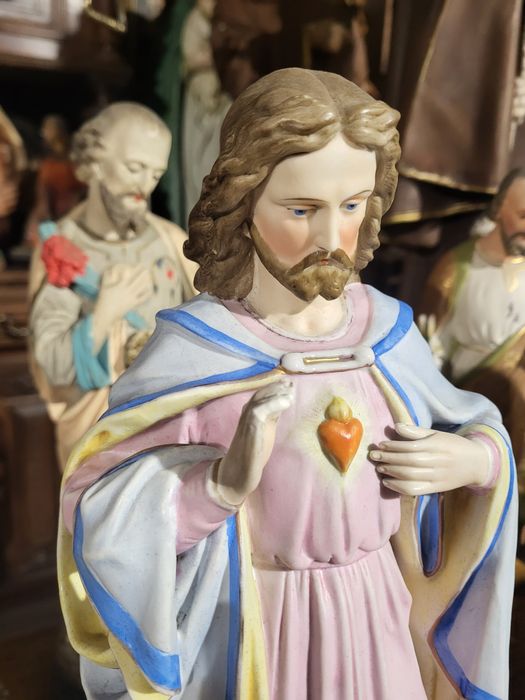 Duża zabytkowa figura Najświętsze Serce Pan Jezus porcelana Andenne