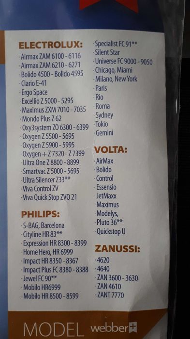Worki do odkurzaczy Philips Elektrolux Volta Zanussi typ: uni bag