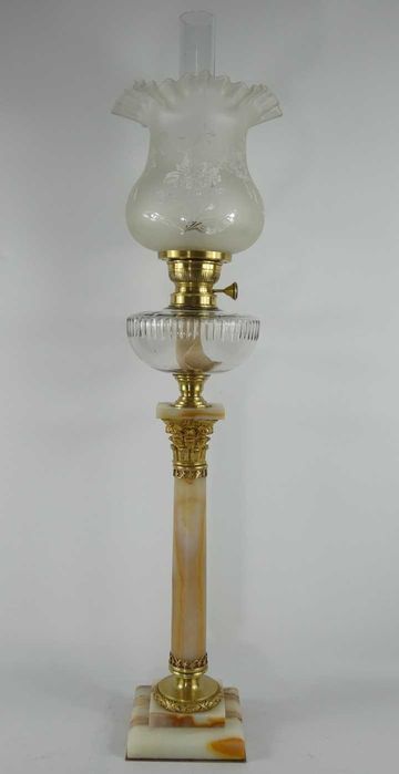 Kolumnowa LAMPA NAFTOWA alabaster brenner MATADOR kominek klosz 85 cm